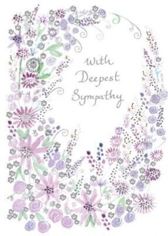 This Sympathy greetings card features pale lilac flowers on a white backdrop and With Deepest Sympathy in silver written on the front.  This thoughful card is ideal to send to someone who has lost someone special and has With Sincere and Heartfelt Sympathy in Your Time of Sorrow written inside. It comes complete with an envelope and is a lovely card from Paper Rose.